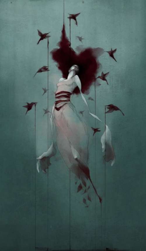 Teckning-av-kvinna-som-håll-upp-av-fåglar.