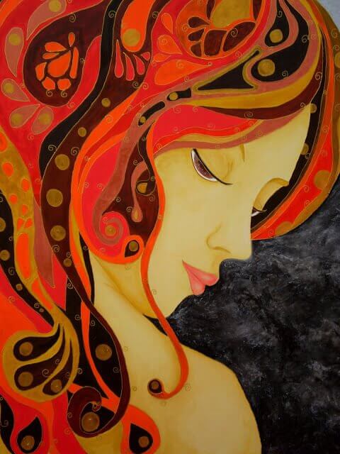 illustrerad bild på kvinna med orangemönstrat hår