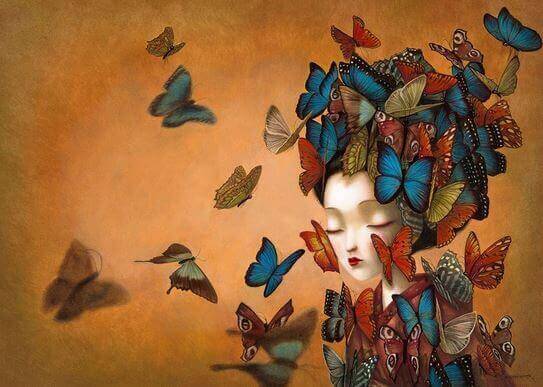 Fjärilar kring kvinna