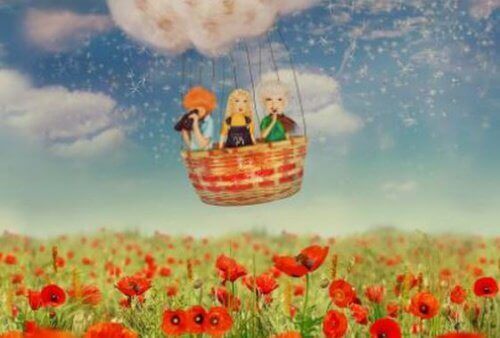 tre vänner i varmluftsballong