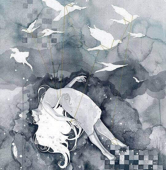 Flicka buren av fåglar