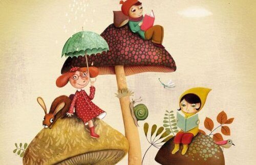 tecknade vänner sitter på svampar och läser