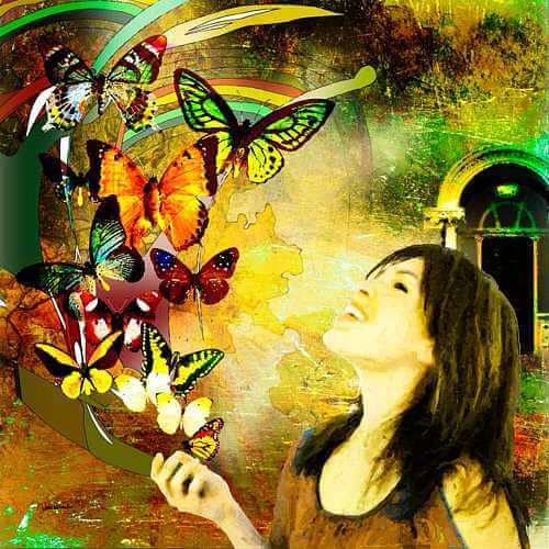 färgglada-fjärilar-flyger-vid-glad-kvinna