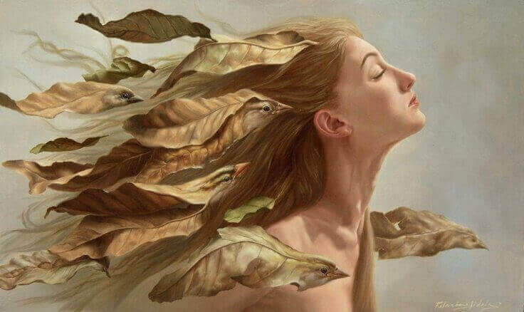 fåglar kring kvinna