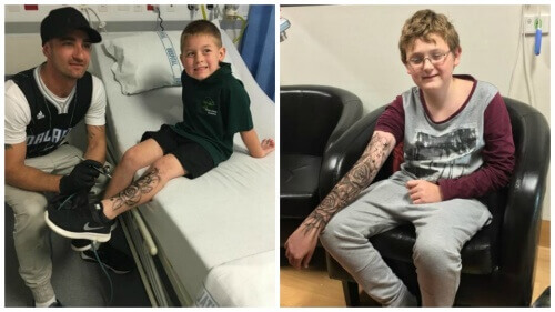 En man ger "temporära tatueringar" till sjuka barn