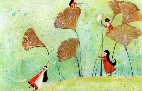 Flickor bland jättesvampar