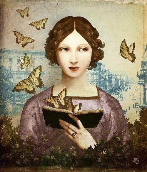 kvinna läser en bok med fjärilar