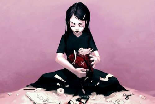 Flicka med sax och tejp