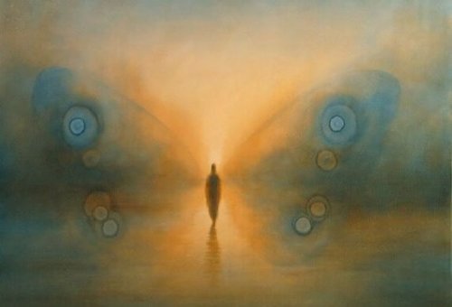 Ensam siluett med fjärilsvingar