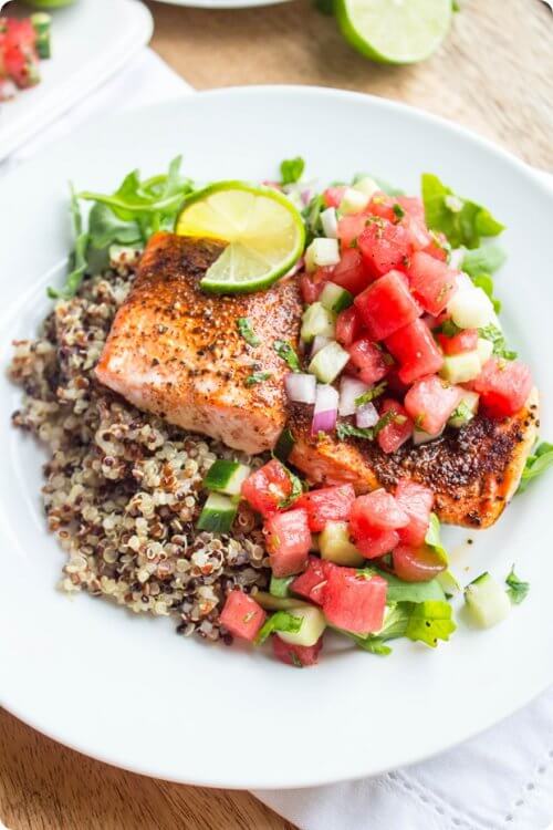 lax, quinoa och vattenmelon