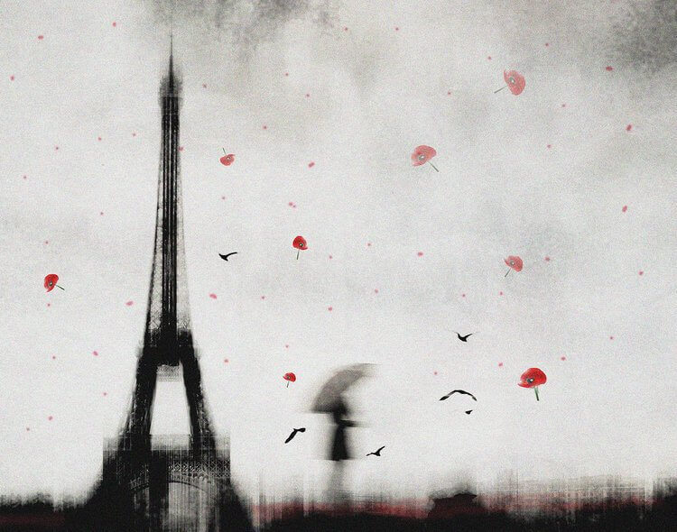 Skrämmande målning av kvinna vid Eiffeltornet