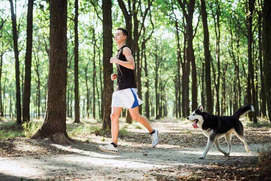 Man som joggar med hund