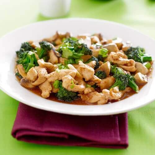 Tallrik med kyckling och broccoli.
