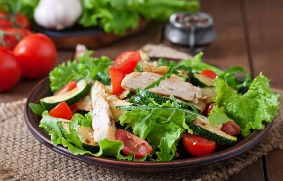 Sallad, kyckling och tomat.