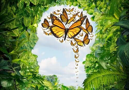 Logoterapi inom psykologi: illustration av fjärilar i huvudet