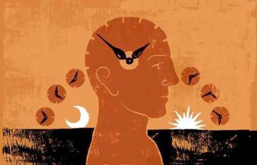 Illustration av person med klocka i huvudet samt solupp- och nedgång.