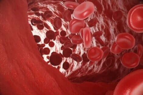 Att drabbas av kolmonoxidförgiftning: Röda blodkroppar i en artär. 