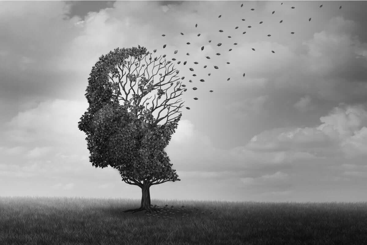 typerna av minnesförlust: träd i form av huvud där löven blåser bort