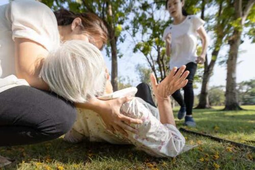 En avsvimmad kvinna får hjälp i en park.