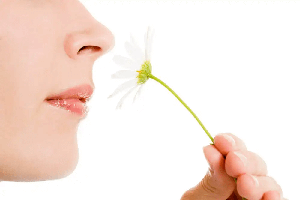 kvinna luktar på blomma