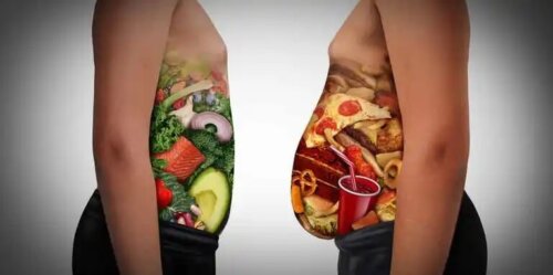 En mage full av hälsosam mat jämfört med en större mage full av skräpmat.