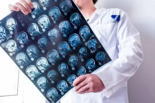 Doktor håller i resultat på hjärnröntgen.