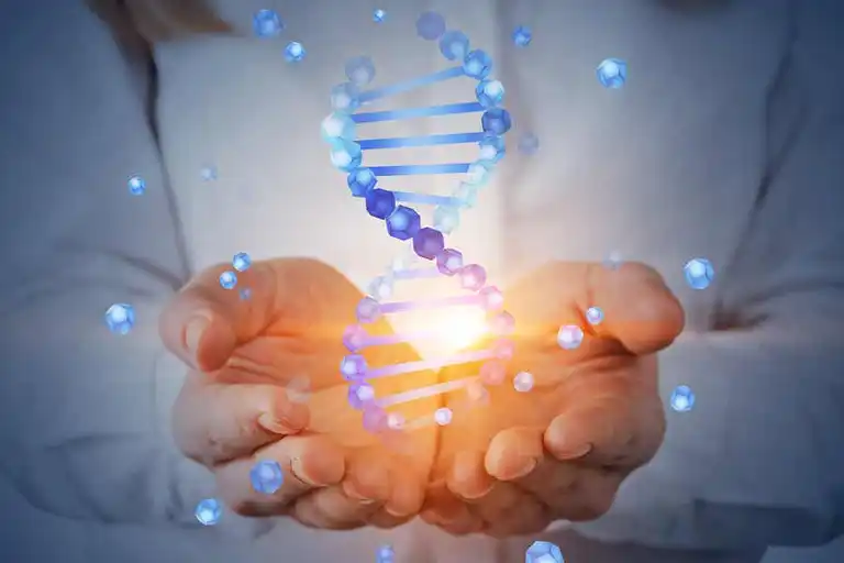 Illustration av DNA i händerna på en doktor.