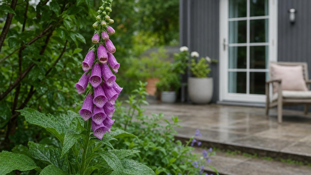 En lila fingerborgsblomma växer i trädgården intill en uteplats