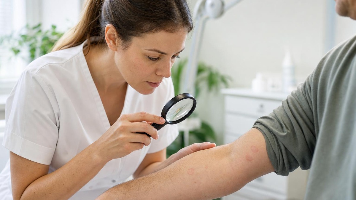 Vårdpersonal undersöker flera blekrosa utslag på en patients underarm med förstoringsglas