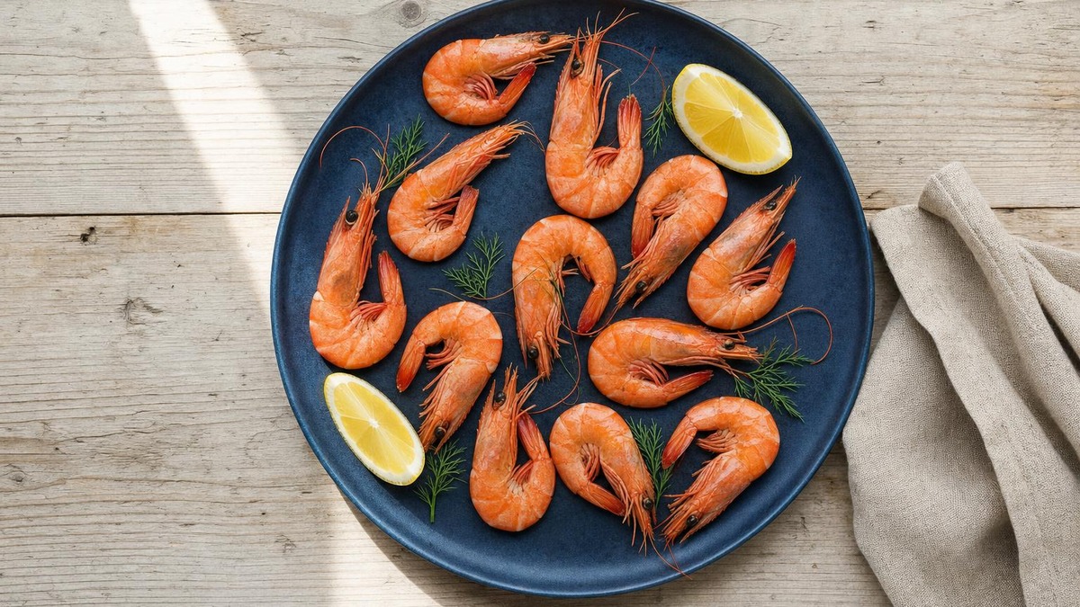 Kokta räkor med citron och dill på en mörkblå keramiktallrik